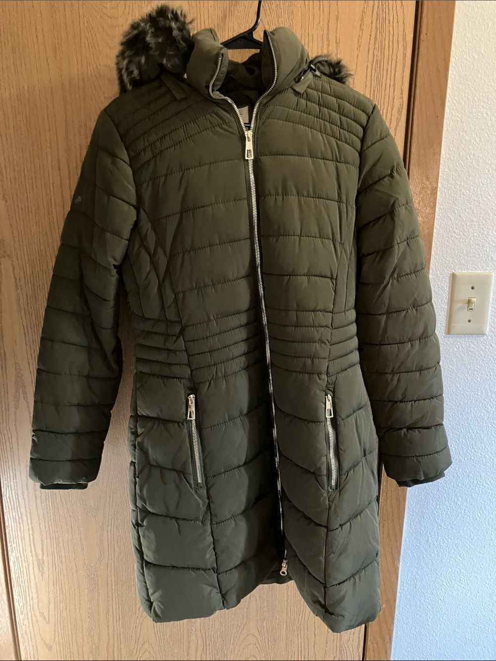 YMI Olive Quilted Long Puffer Coat with Faux-Fur Trimmed Hood